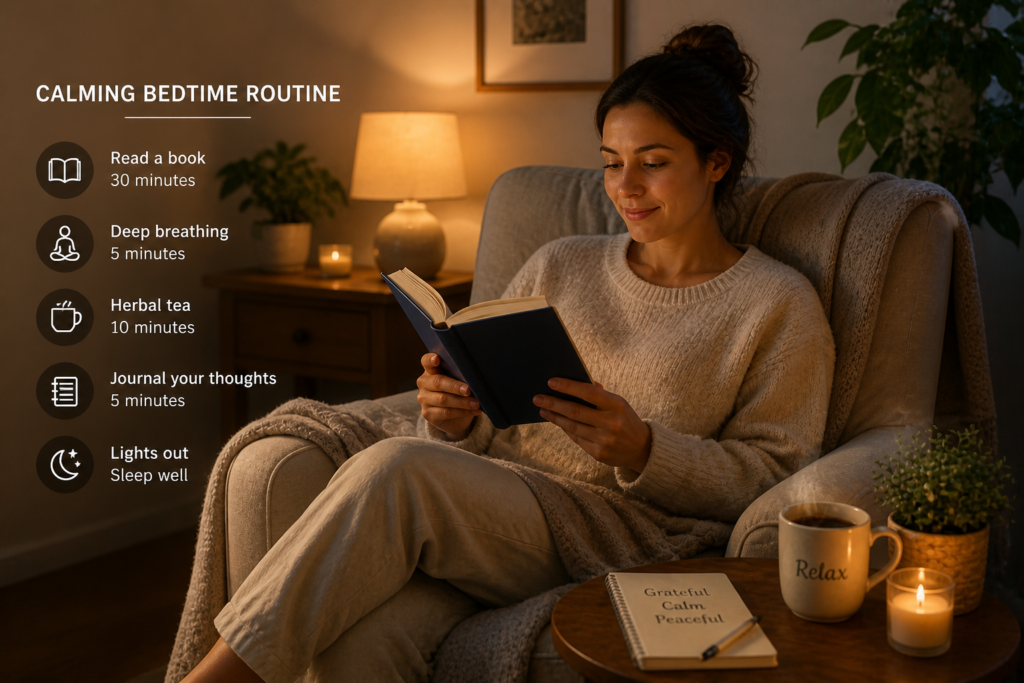 relaxing bedtime routine with reading and dim lighting for better sleep