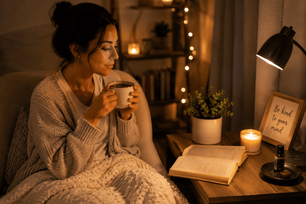 relaxing bedtime routine with tea book and dim lights before sleep
