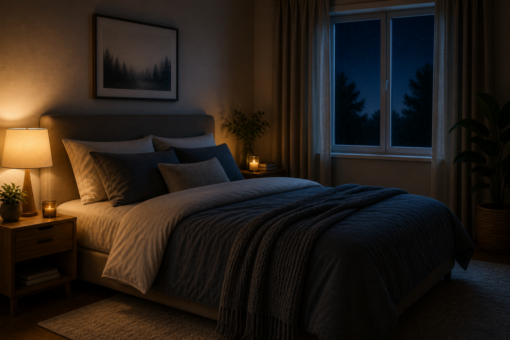 calm bedroom at night with soft lighting for deeper sleep