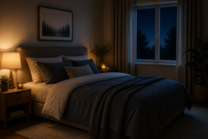 calm bedroom at night with soft lighting for deeper sleep
