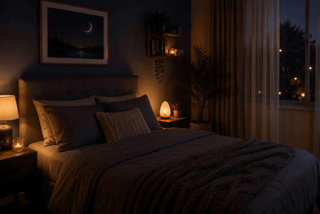 dark calming bedroom with soft lighting and relaxing nighttime atmosphere
