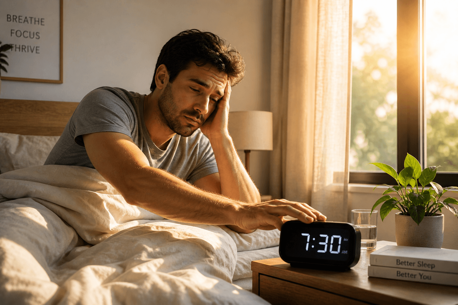 Person waking up tired in the morning