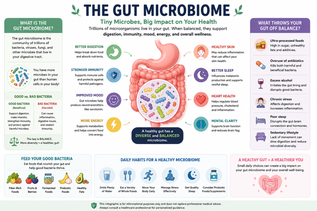 Illustrated infographic explaining the gut microbiome and its impact on digestion, immunity, energy, sleep, skin health, mood, and mental clarity, including factors that harm gut balance and daily habits that support a healthy microbiome.