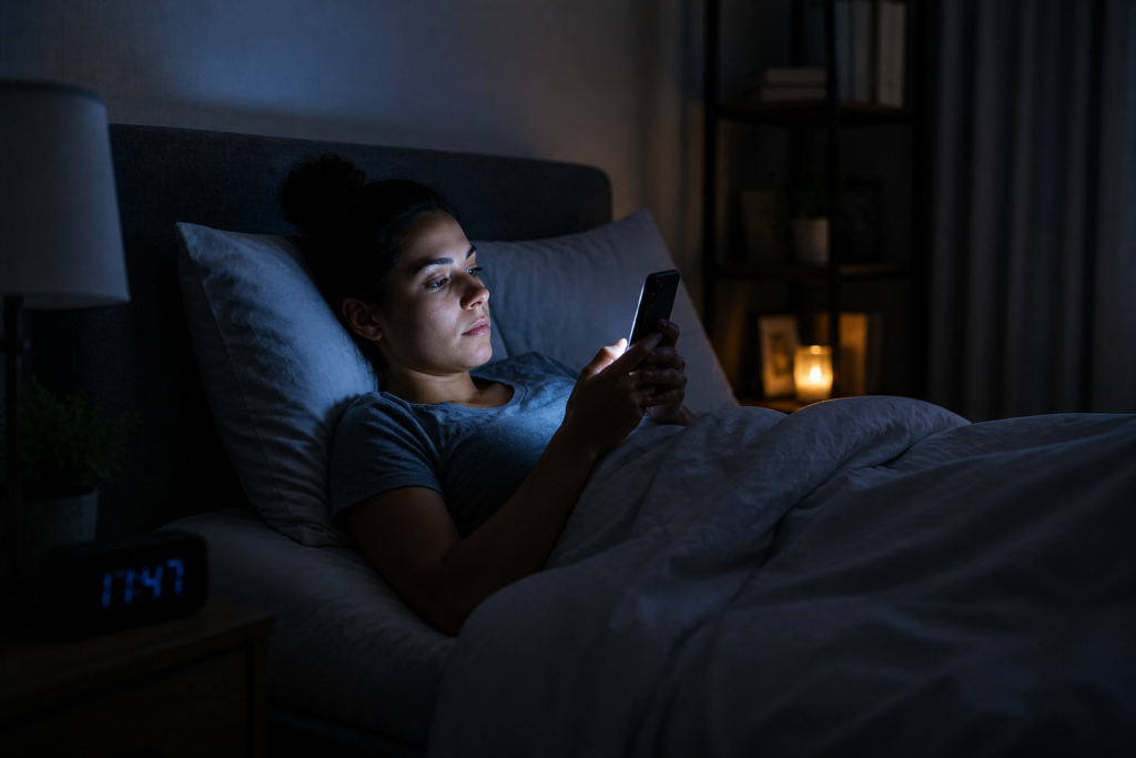 person using phone at night before sleep affecting sleep quality