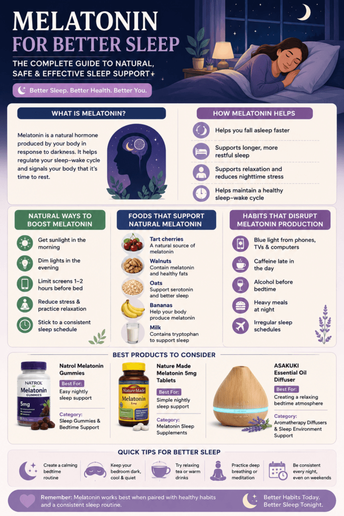 melatonin for better sleep infographic with bedtime habits supplements and sleep tips