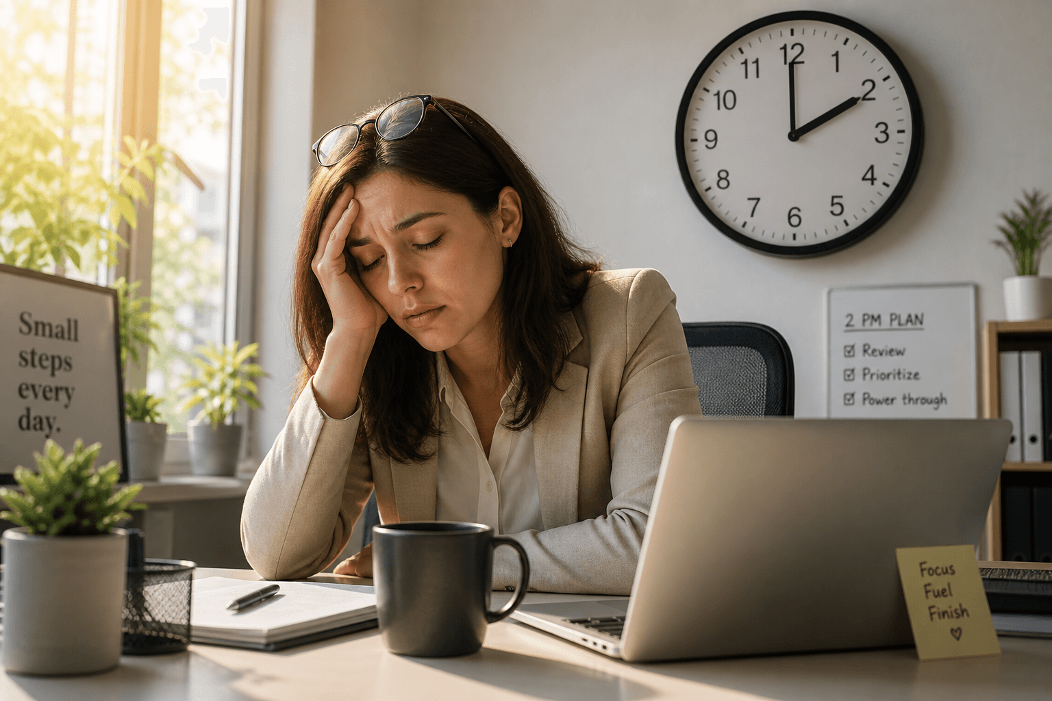 Woman feeling tired in the afternoon at a desk