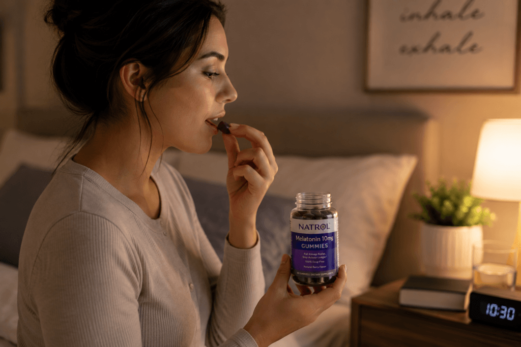 person taking melatonin gummy before bed in calming nighttime bedroom