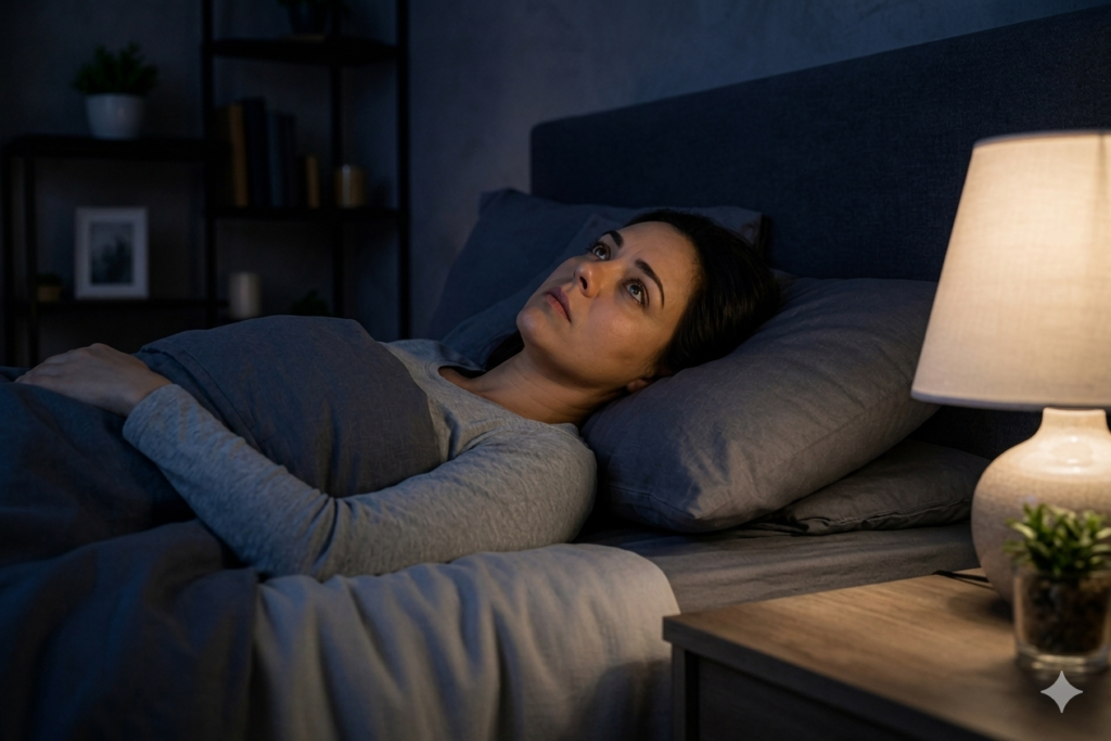 person lying awake in bed unable to sleep at night