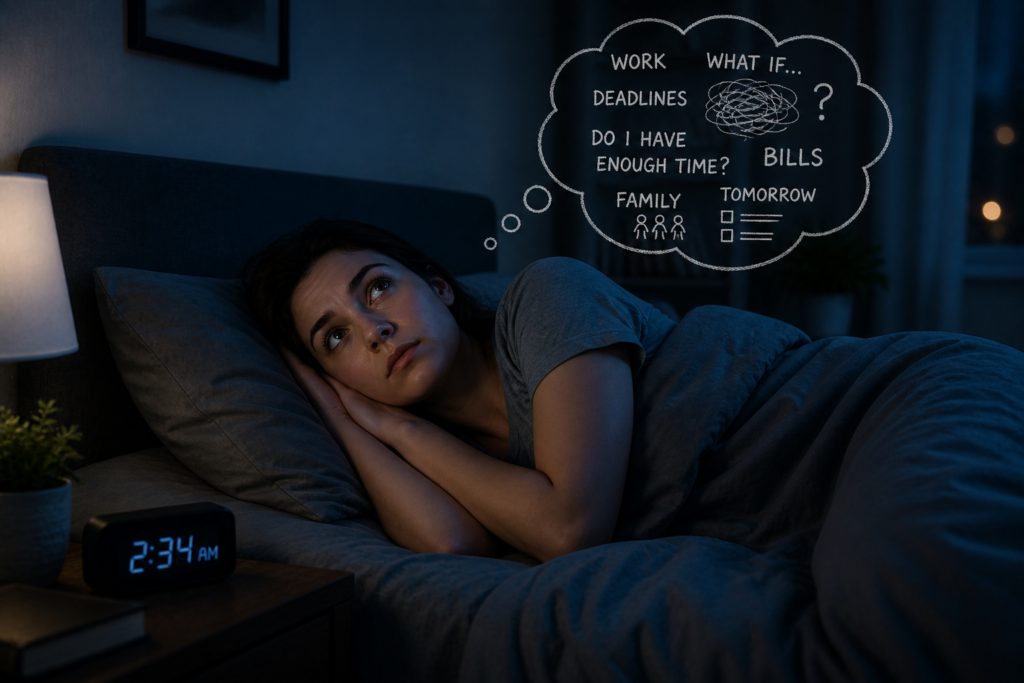 person lying awake in bed overthinking at night due to stress