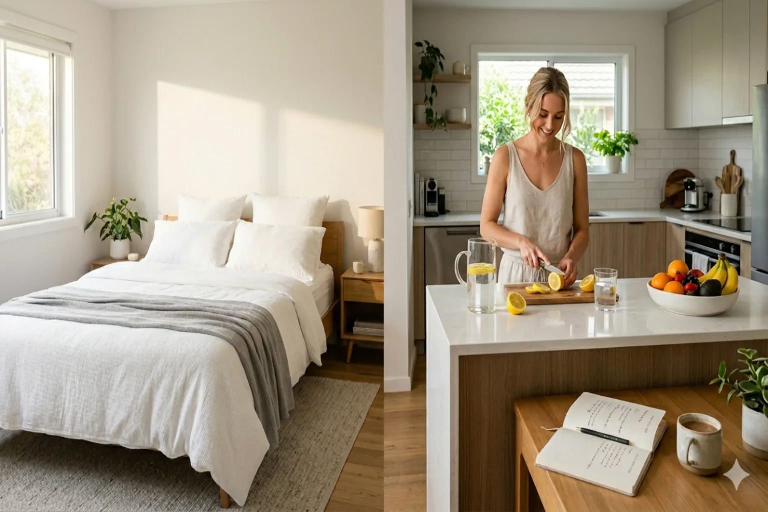 A woman standing in kitchen preparing a lemon water drink
