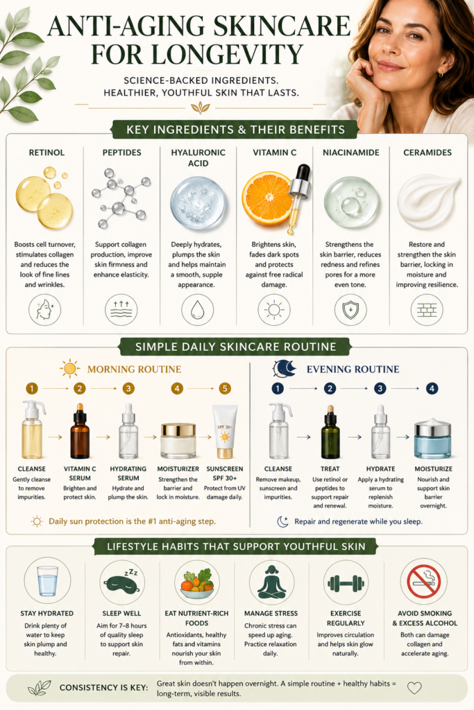 anti-aging skincare longevity infographic with ingredients routines and healthy aging tips