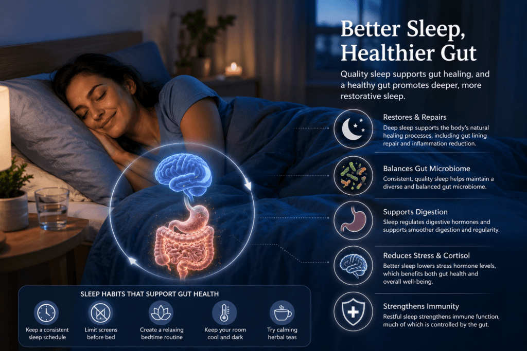 gut health and sleep connection showing restorative sleep digestive wellness and microbiome balance
