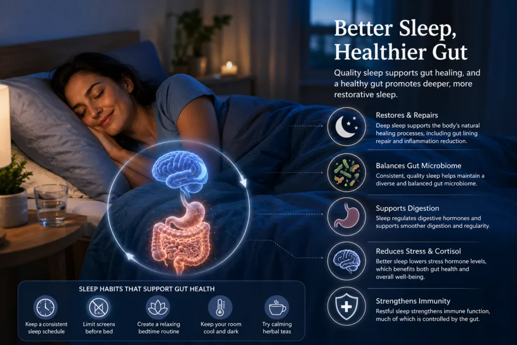 gut health and sleep connection showing restorative sleep digestive wellness and microbiome balance