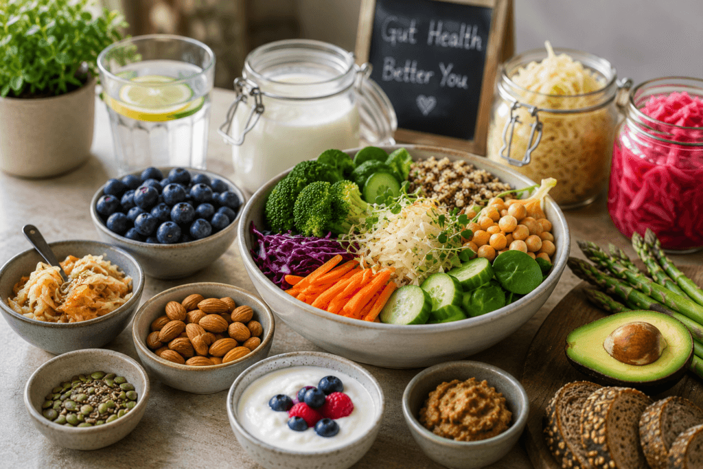 Colorful bowls of fresh, healthy foods gut health and healthy aging nutrition
