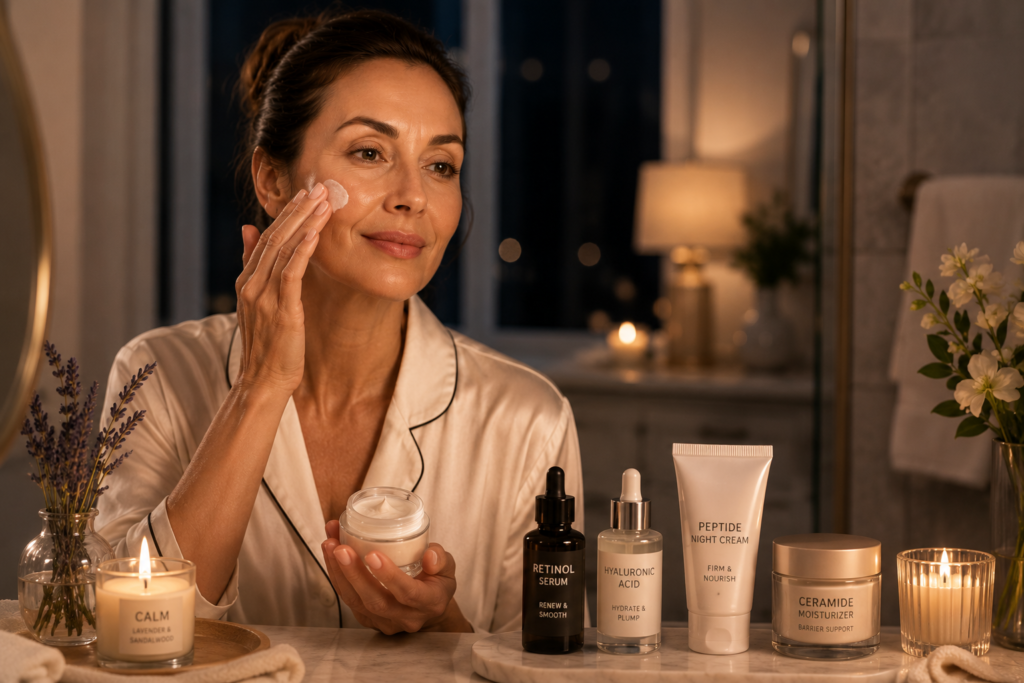 nighttime anti-aging skincare routine with moisturizer and soft lighting