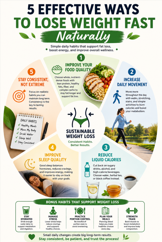 healthy weight loss infographic with nutrition movement sleep and wellness habits