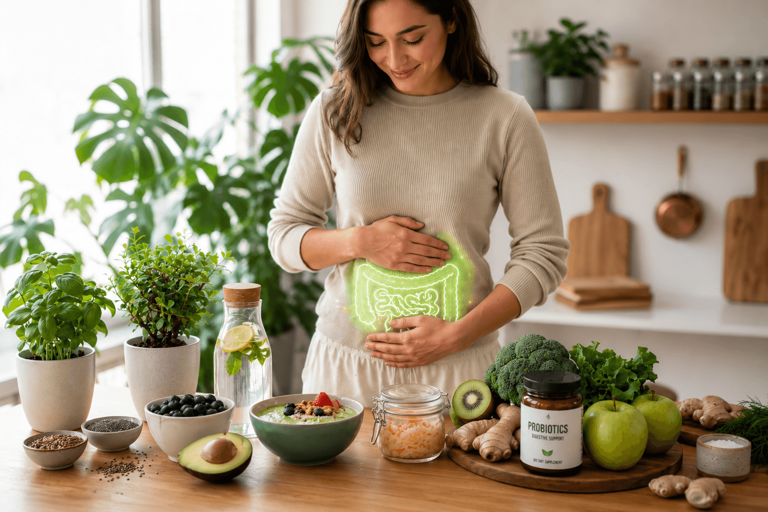 Woman preparing food in a kitchen to support digestive wellness