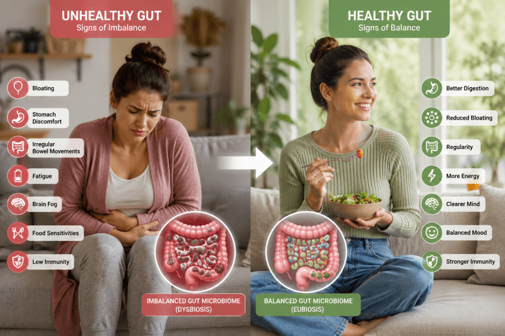 signs of poor gut health including bloating fatigue brain fog and digestive discomfort compared with healthy gut balance
