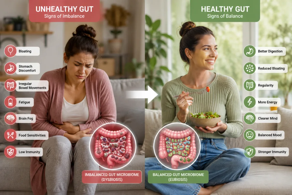 signs of poor gut health including bloating fatigue brain fog and digestive discomfort compared with healthy gut balance