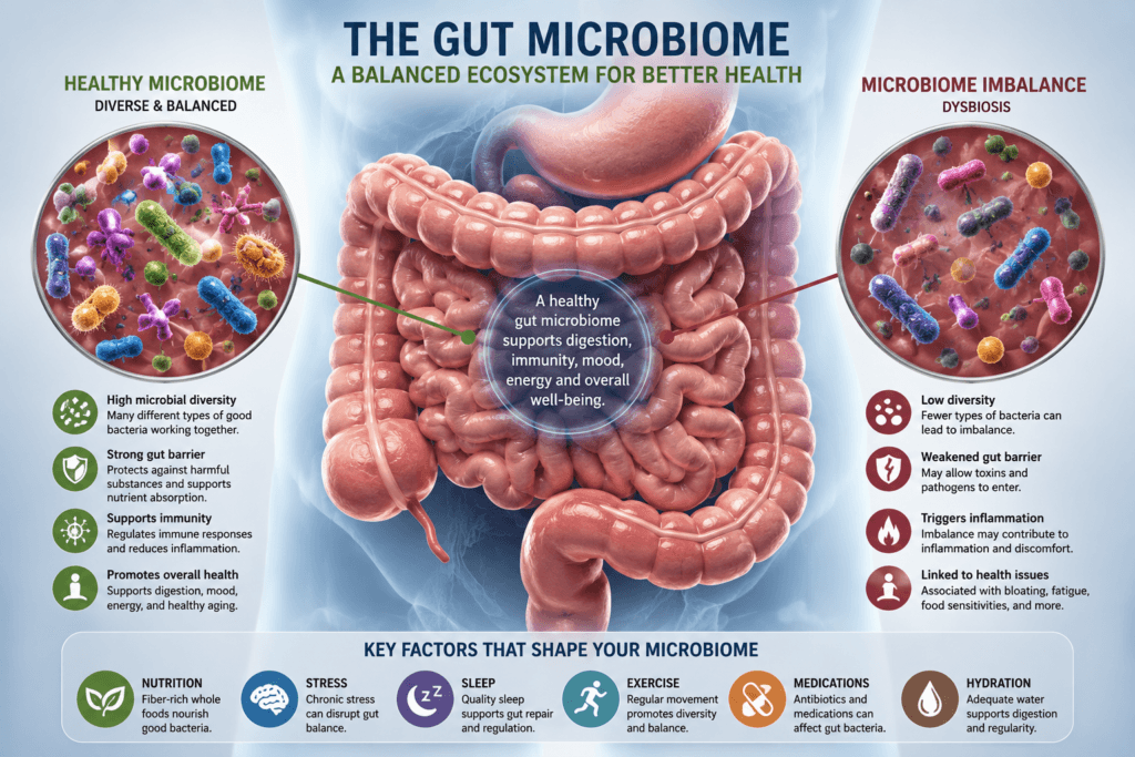 gut microbiome illustration showing healthy digestive balance and beneficial gut bacteria