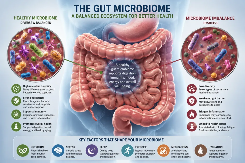 gut microbiome illustration showing healthy digestive balance and beneficial gut bacteria