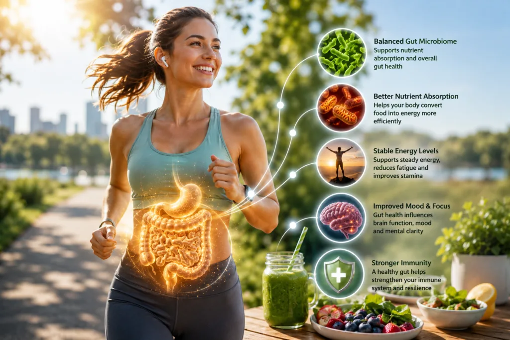gut health and energy connection showing active lifestyle healthy digestion and sustained daily energy