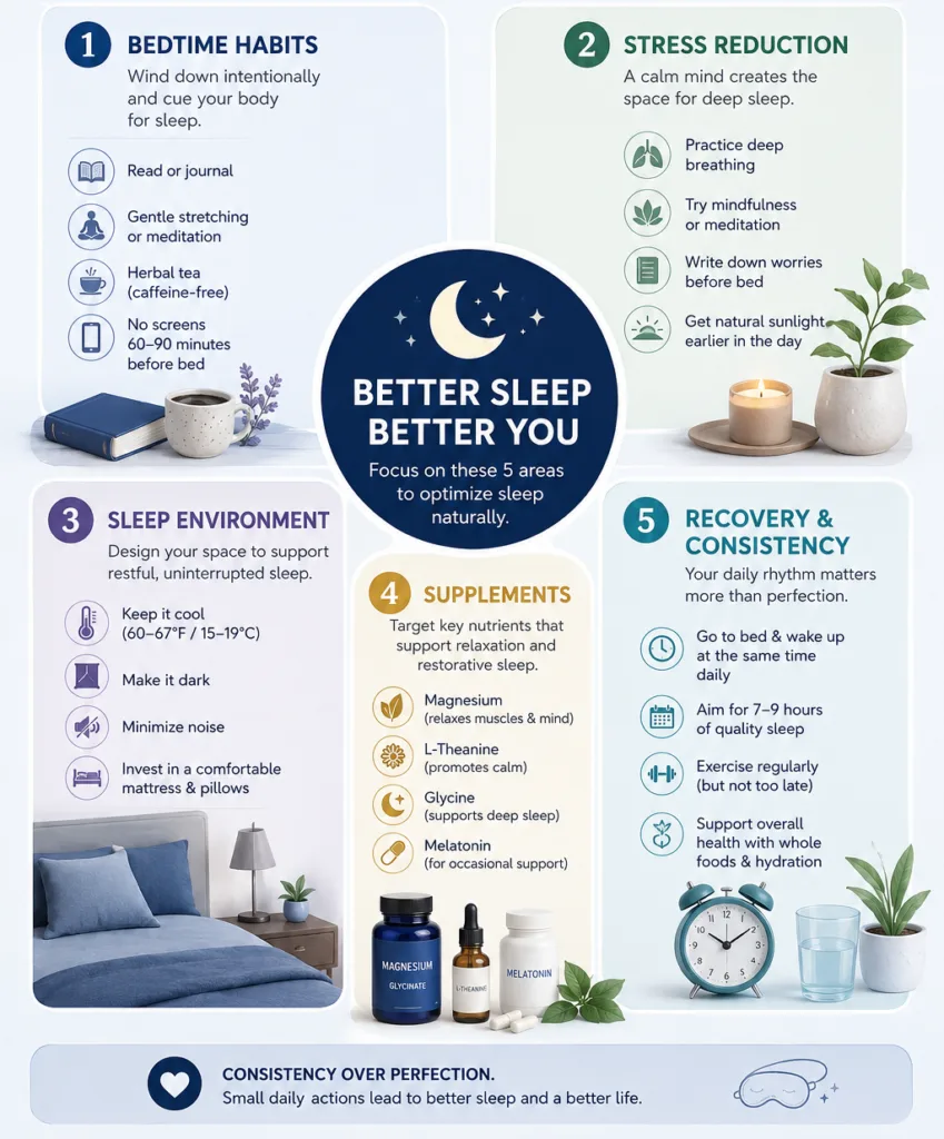 sleep optimization infographic with habits supplements and recovery tips
