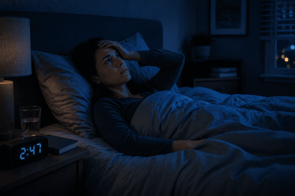 person awake at night struggling with insomnia and poor sleep