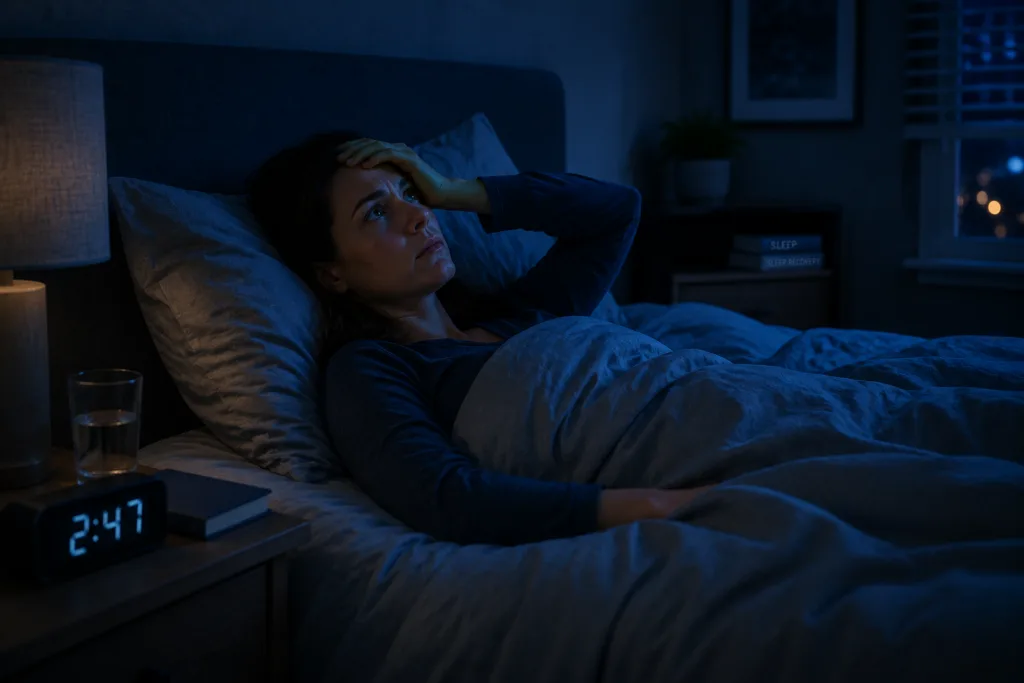 person awake at night struggling with insomnia and poor sleep