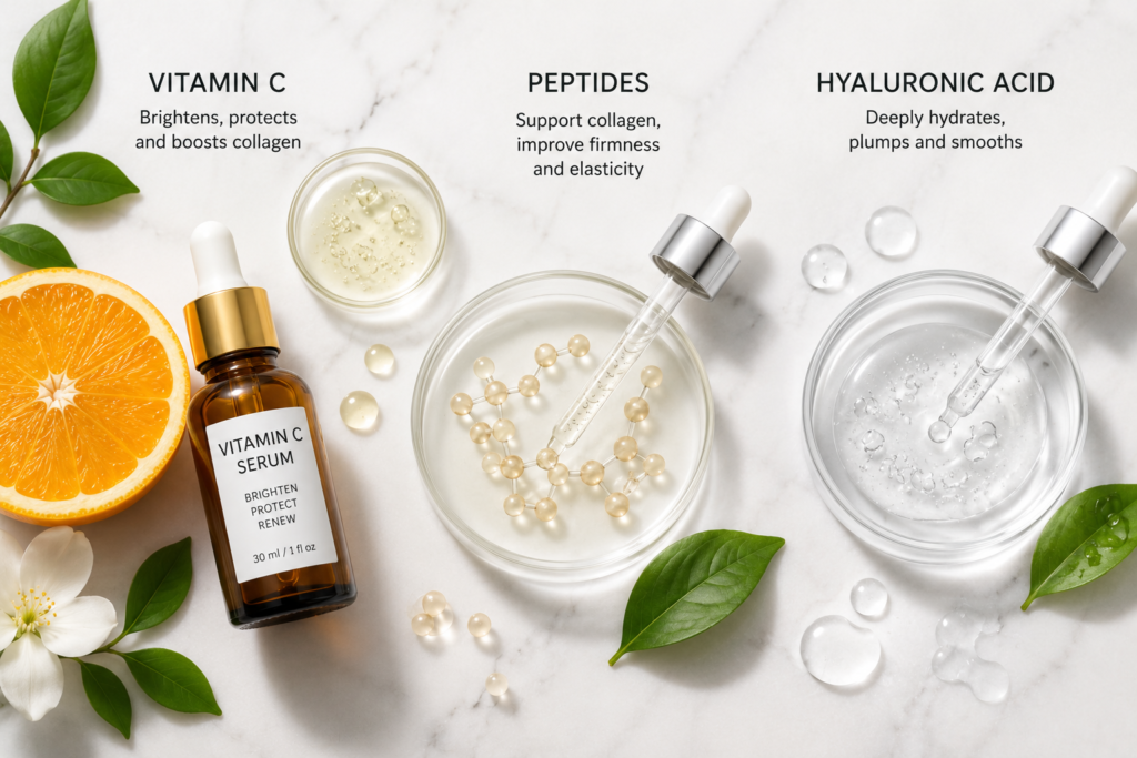 anti-aging skincare ingredients vitamin C peptides and hyaluronic acid