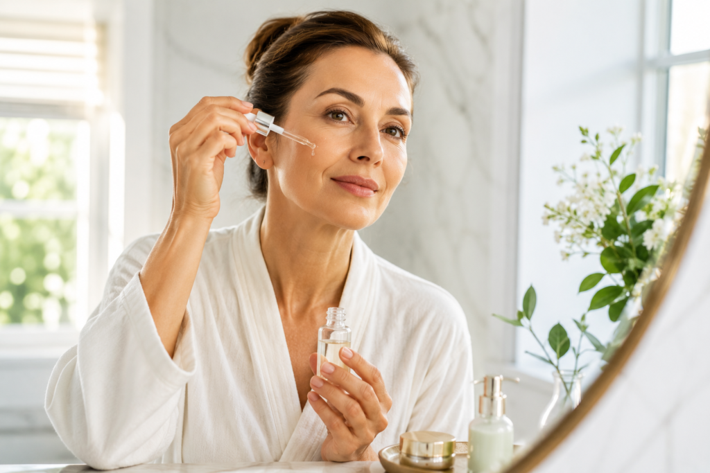 woman applying anti-aging serum in bright bathroom skincare routine