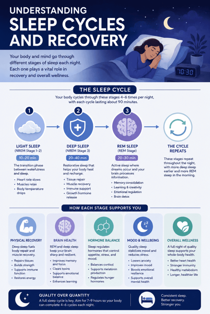 sleep cycle infographic explaining deep sleep REM sleep and recovery