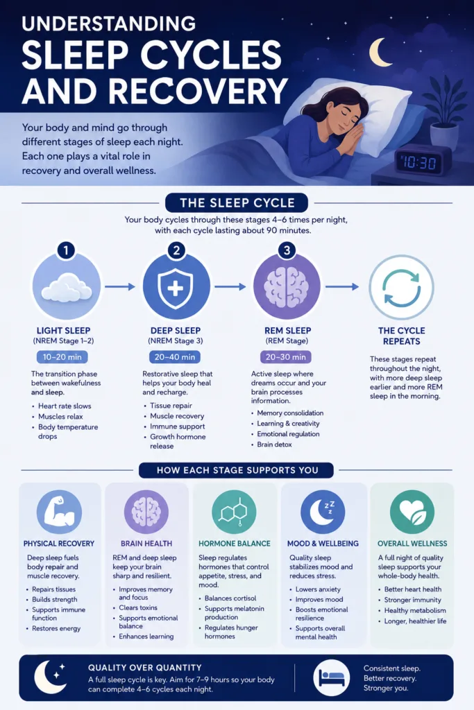 sleep cycle infographic explaining deep sleep REM sleep and recovery