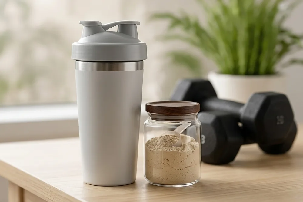 Protein shaker and supplement powder beside home workout equipment