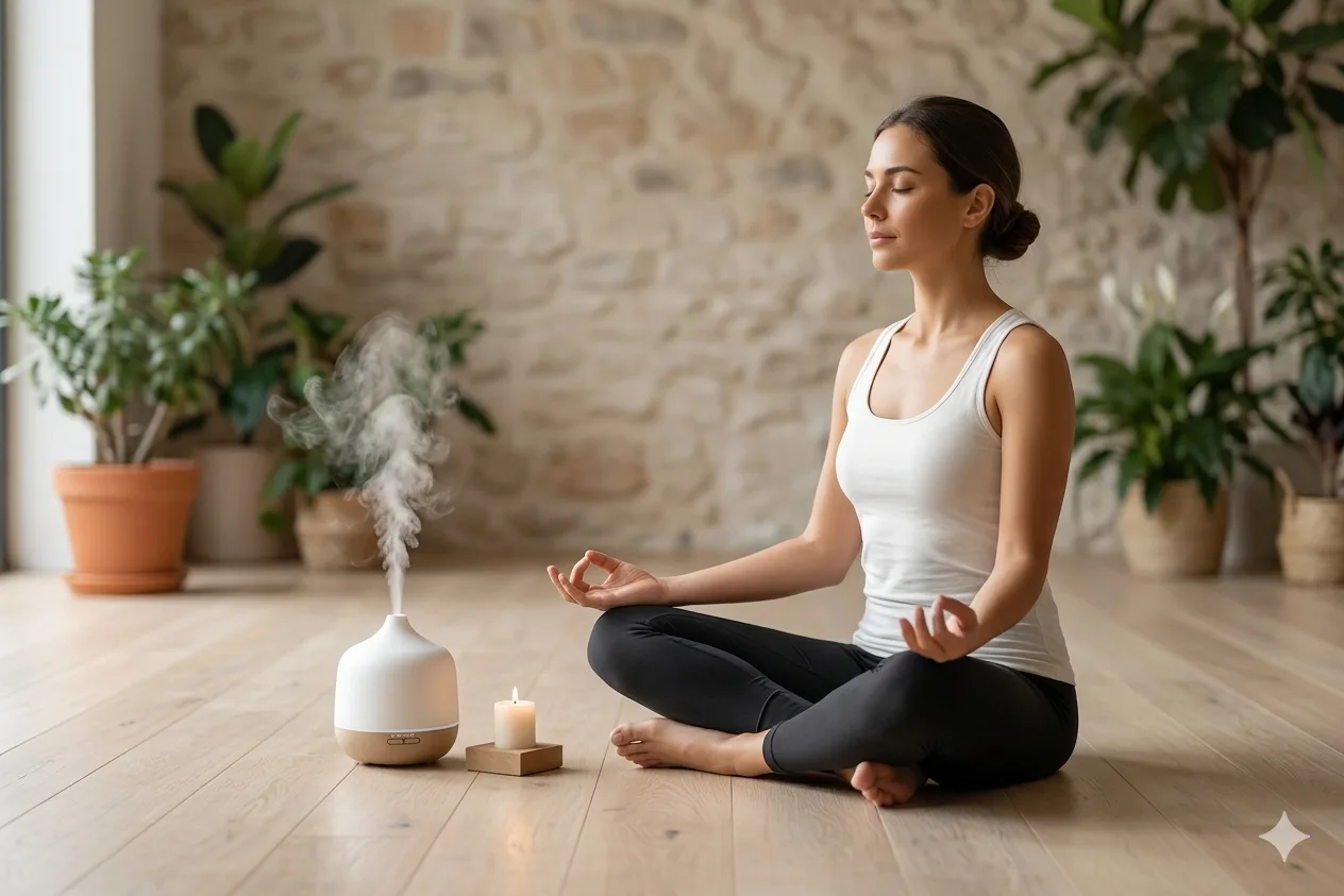 Woman meditating beside an essential oil diffuser