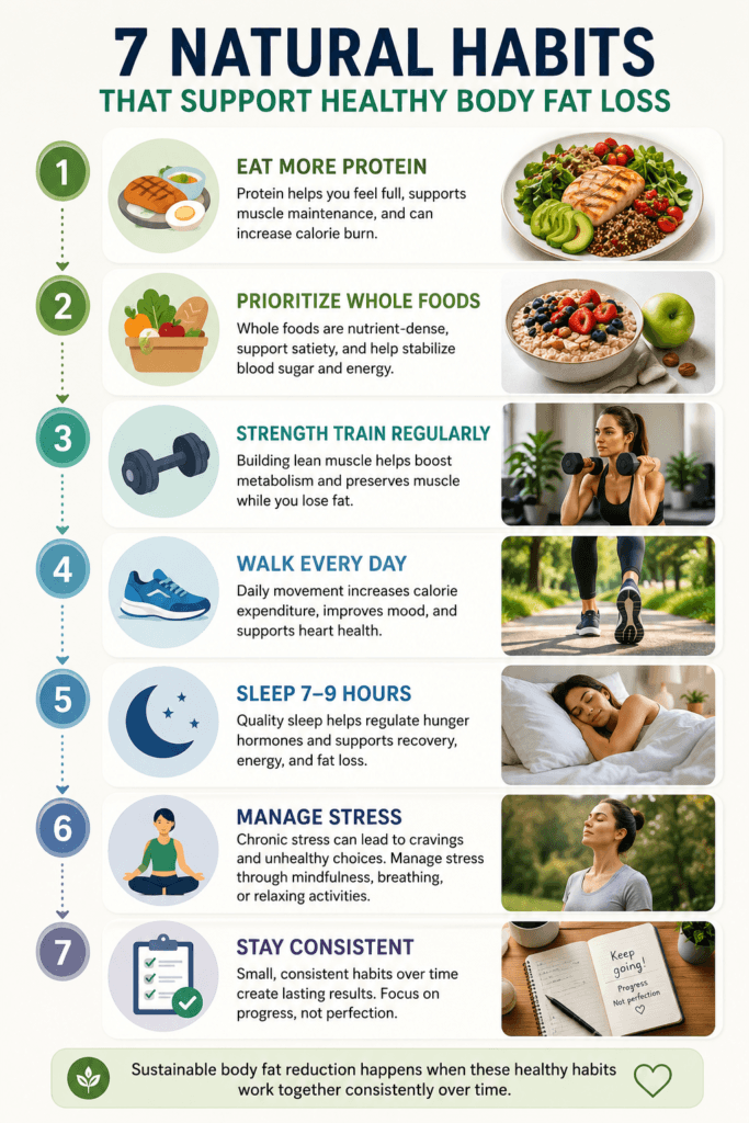 Infographic showing seven natural habits that support healthy body fat loss