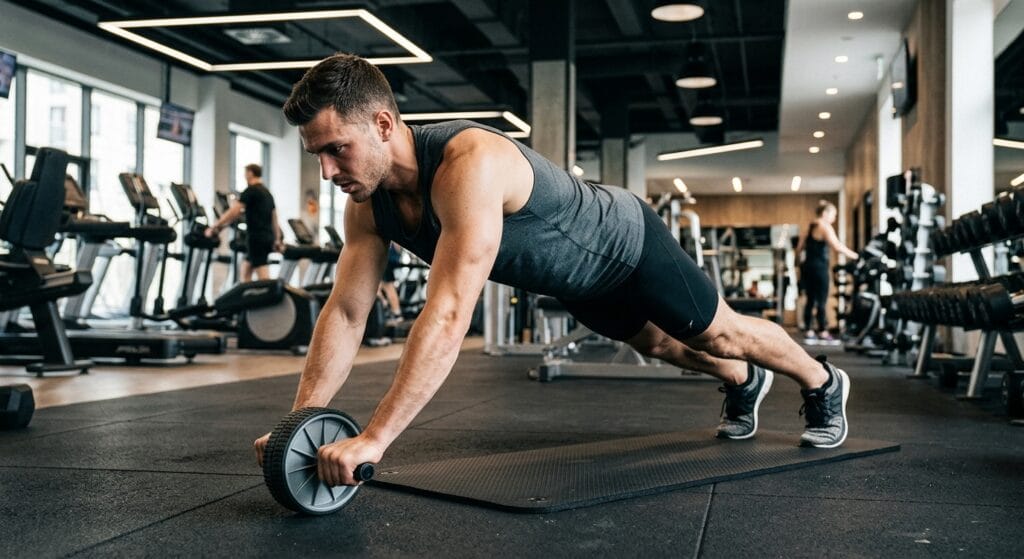 Advanced standing ab rollout exercise