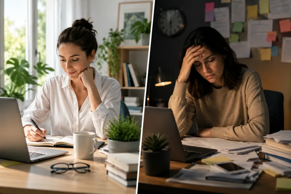 Side-by-side comparison of clear focused thinking and common brain-fog symptoms