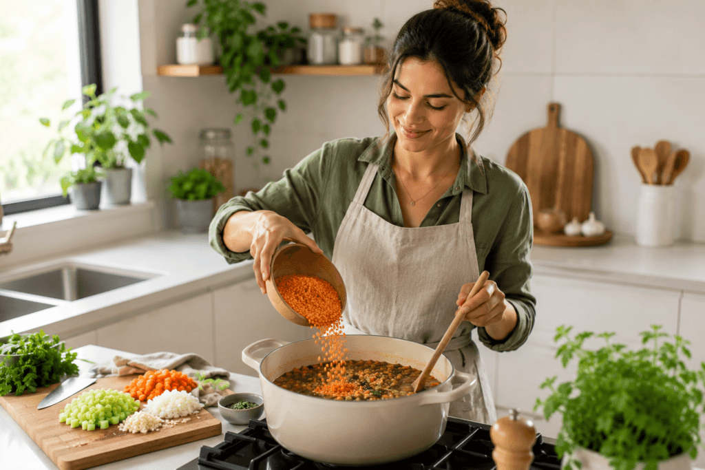 Person preparing homemade lentil soup with fresh vegetables in a bright modern kitchen