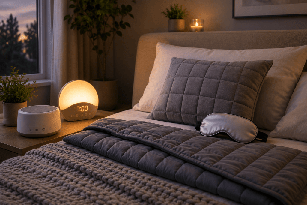 Sleep wellness products including white noise machine and weighted blanket