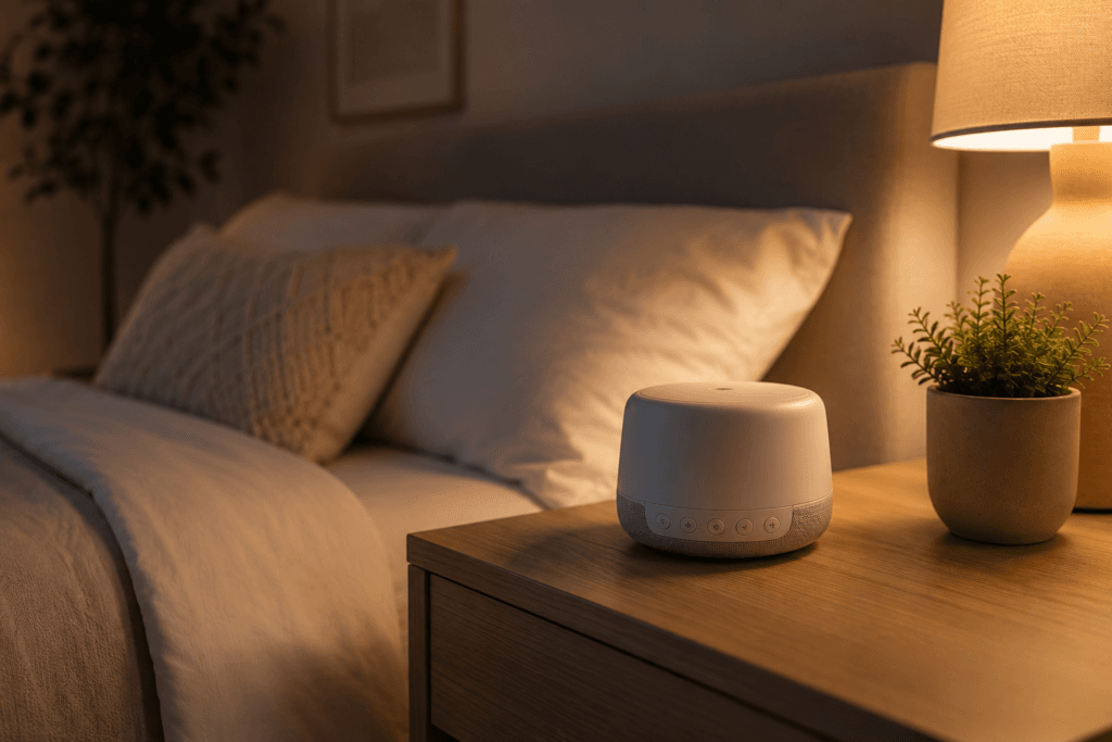 White noise machine on a bedside table in a bedroom