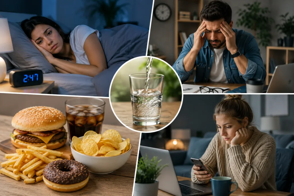 Lifestyle factors affecting mental clarity including sleep, stress, hydration, nutrition, movement, and screen time