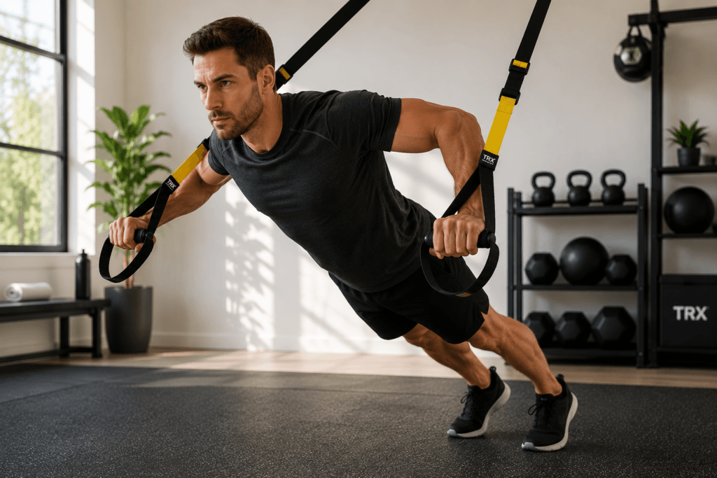 Person performing TRX chest press exercise