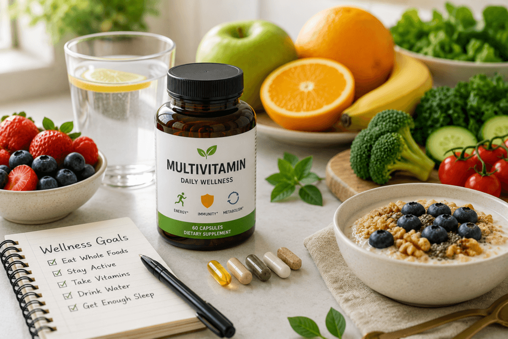 Healthy breakfast and wellness essentials daily multivitamin for wellness