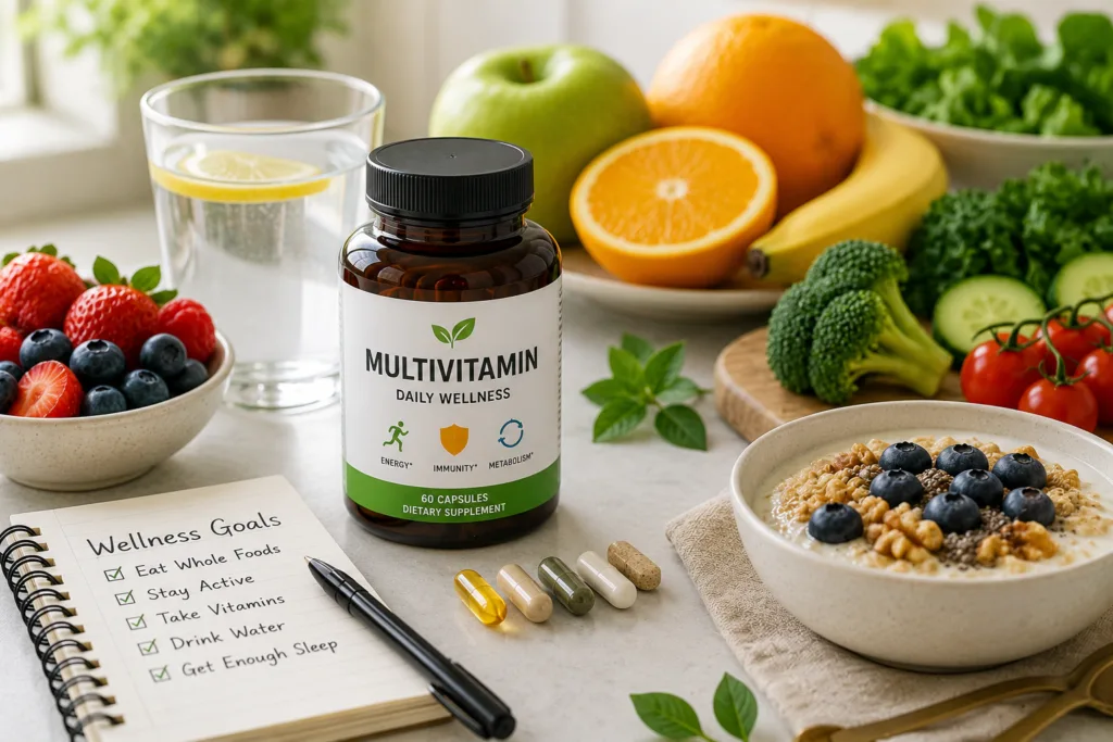 Healthy breakfast and wellness essentials daily multivitamin for wellness