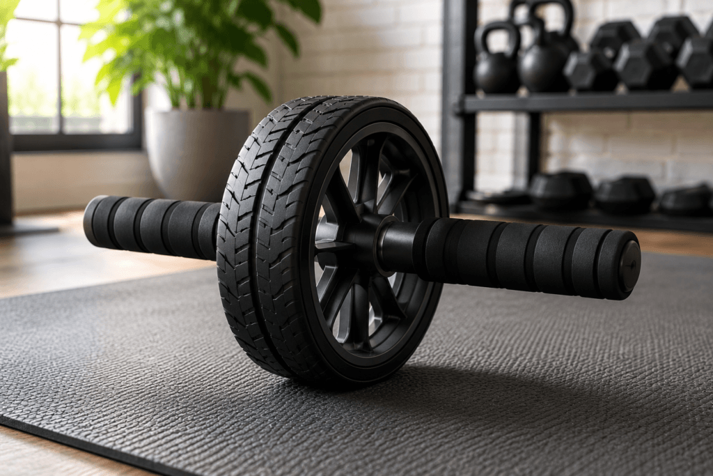 Ab roller wheel on an exercise mat