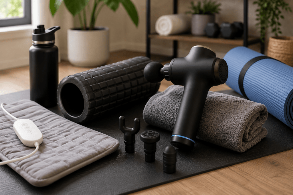 Recovery wellness products including massage gun and foam roller