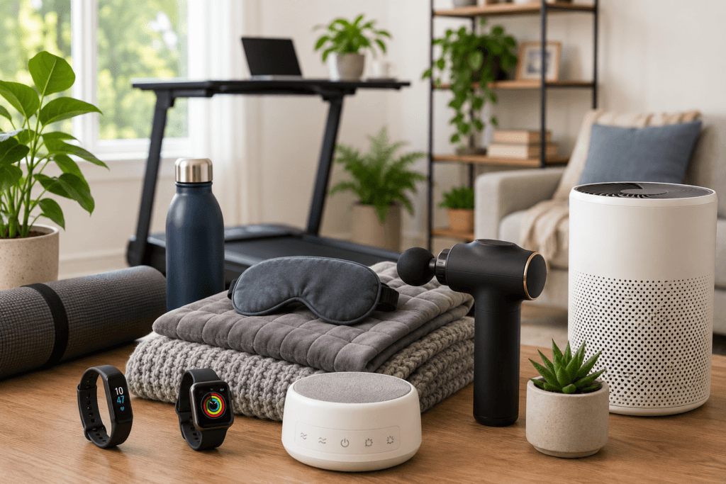 Best wellness products including fitness trackers, walking pads, sleep devices, and recovery tools