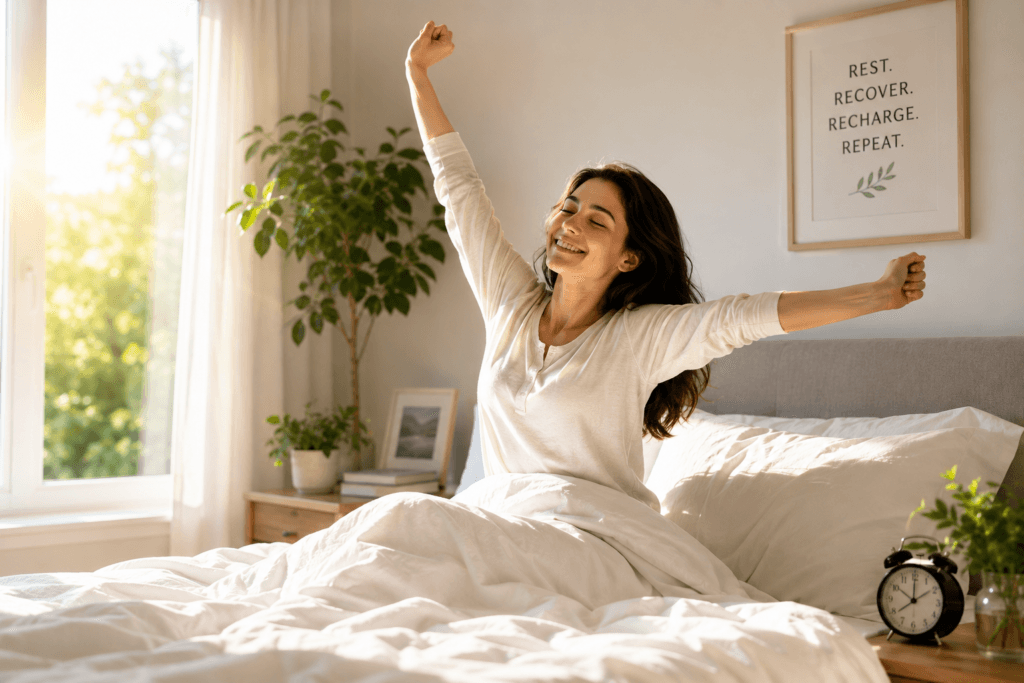 Morning stretch in a peaceful bedroom bed stretch