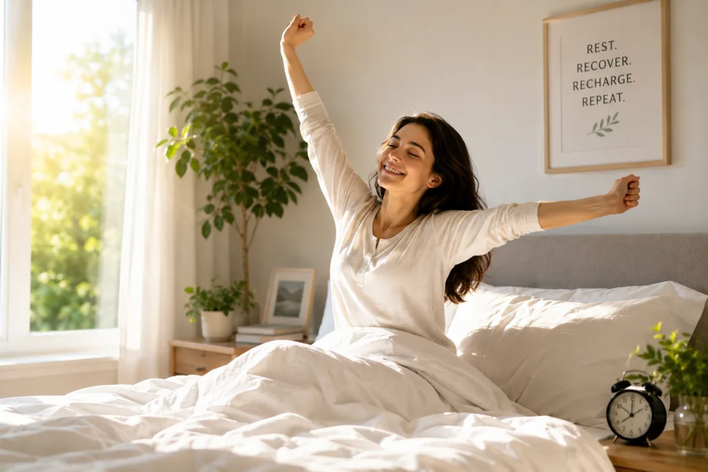 Morning stretch in a peaceful bedroom bed stretch